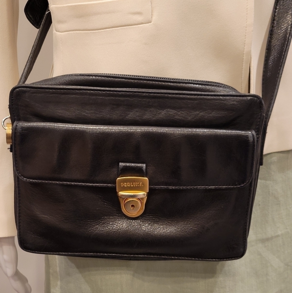 PERLINA Vintage Black Leather Crossbody Bag / Shoulder Purse
